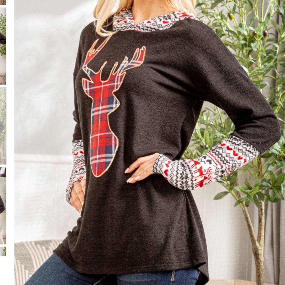 💲Heimish “ Holly “ Heimish Contrast Christmas Top with Hoodie S-3X 87 - Picture 4 of 8